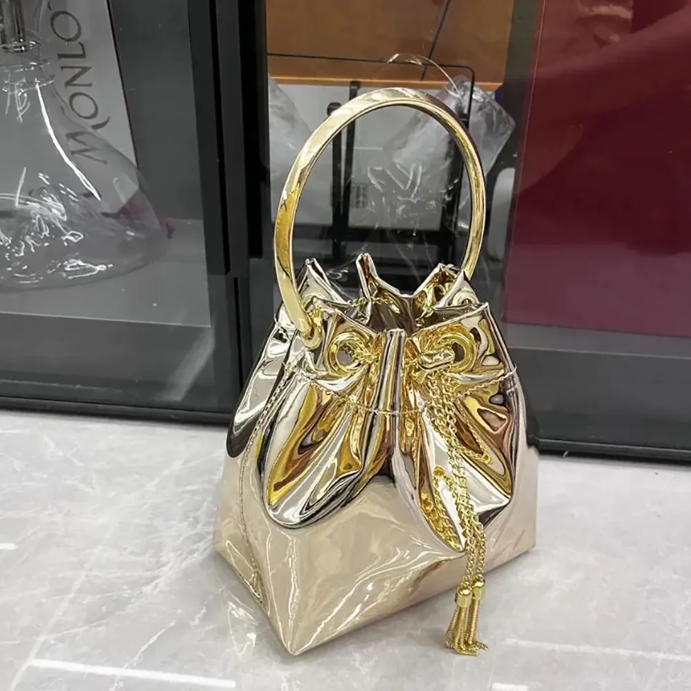 Jimmy Choo Bon Bon Gold Mirror Fabric Mini Bag with Metal Handle for Women Jimmy Choo Bon Bon Gold Mirror Fabric Mini Bag with Metal Handle for Women