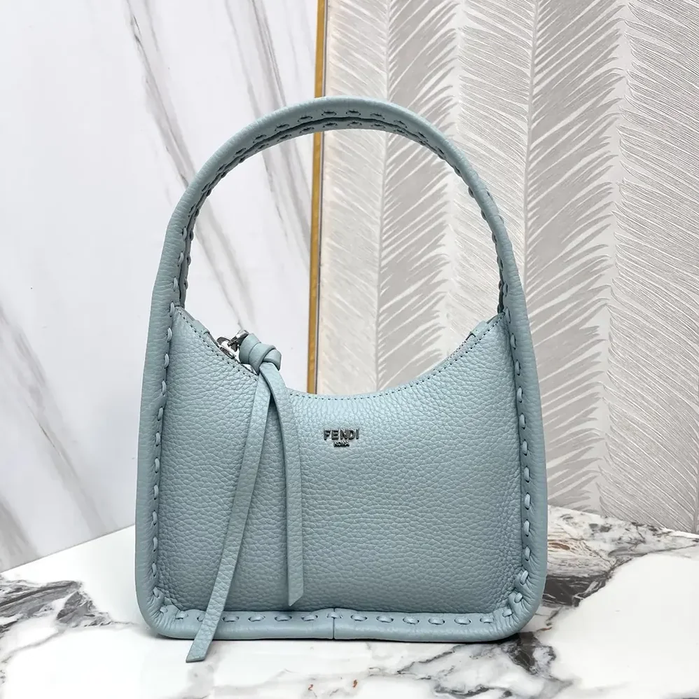 Fendi Mini Fendessence Small Light Blue Selleria Bag with 264 Hand for Women in sewn Topstitches