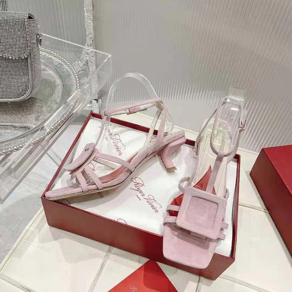 Roger Vivier Virgule Covered Buckle Sandals in Leather for Women in Pink