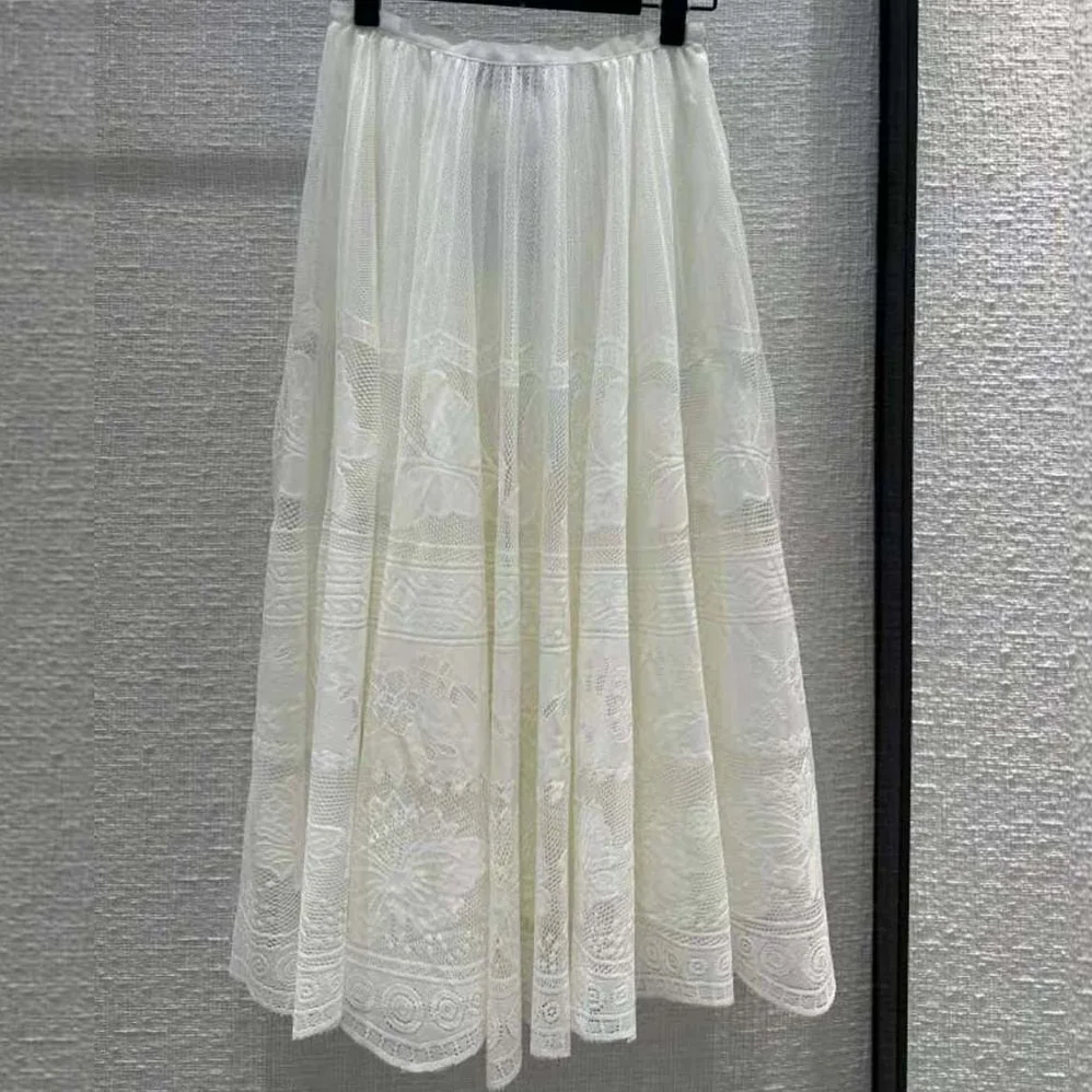Dior Flared Mid-length Skirt Ecru Technical Cotton Lace with D for Women in Lace Butterfly Motif