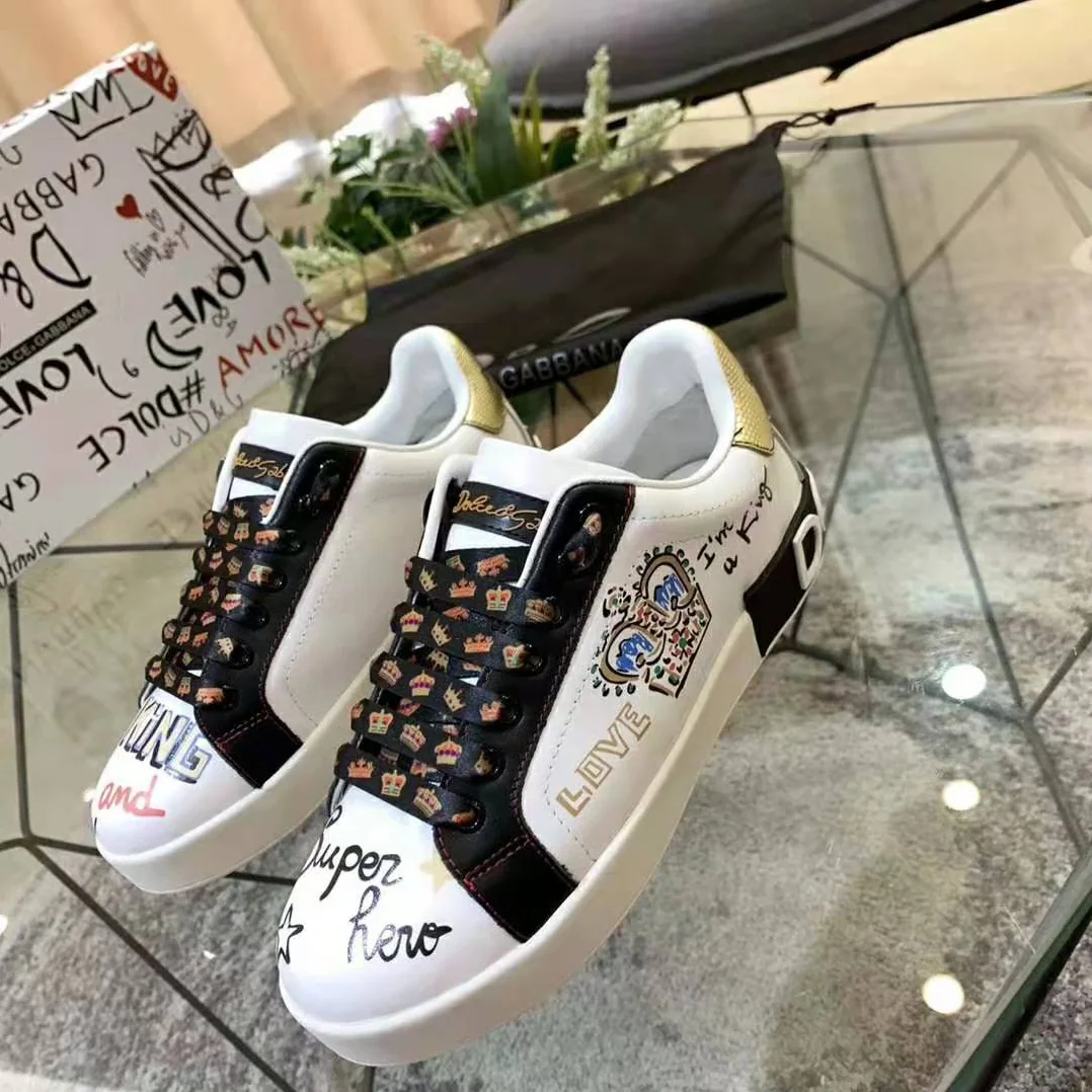 Dolce Gabbana D&G Portofino Sneakers in Printed Nappa Calfskin with Patch for Men in Black