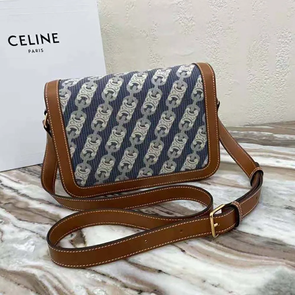 Celine Medium Triomphe Bag in Chaine Triomphe Jacquard and Natural Calfskin for Women Celine Medium Triomphe Bag in Chaine Triomphe Jacquard and Natural Calfskin for Women