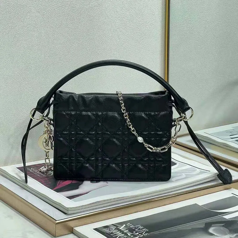 Dior Lady Dior Top Handle Drawstring Mini Bag Black Cannage Lambskin for Women