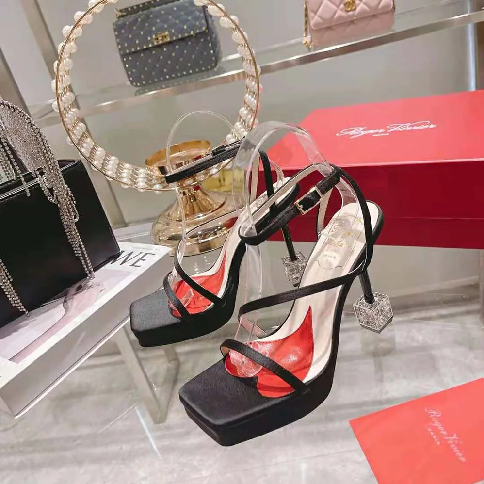 Roger Vivier Cube Strass Heel Sandals in Satin for Women in Black Roger Vivier Cube Strass Heel Sandals in Satin for Women in Black