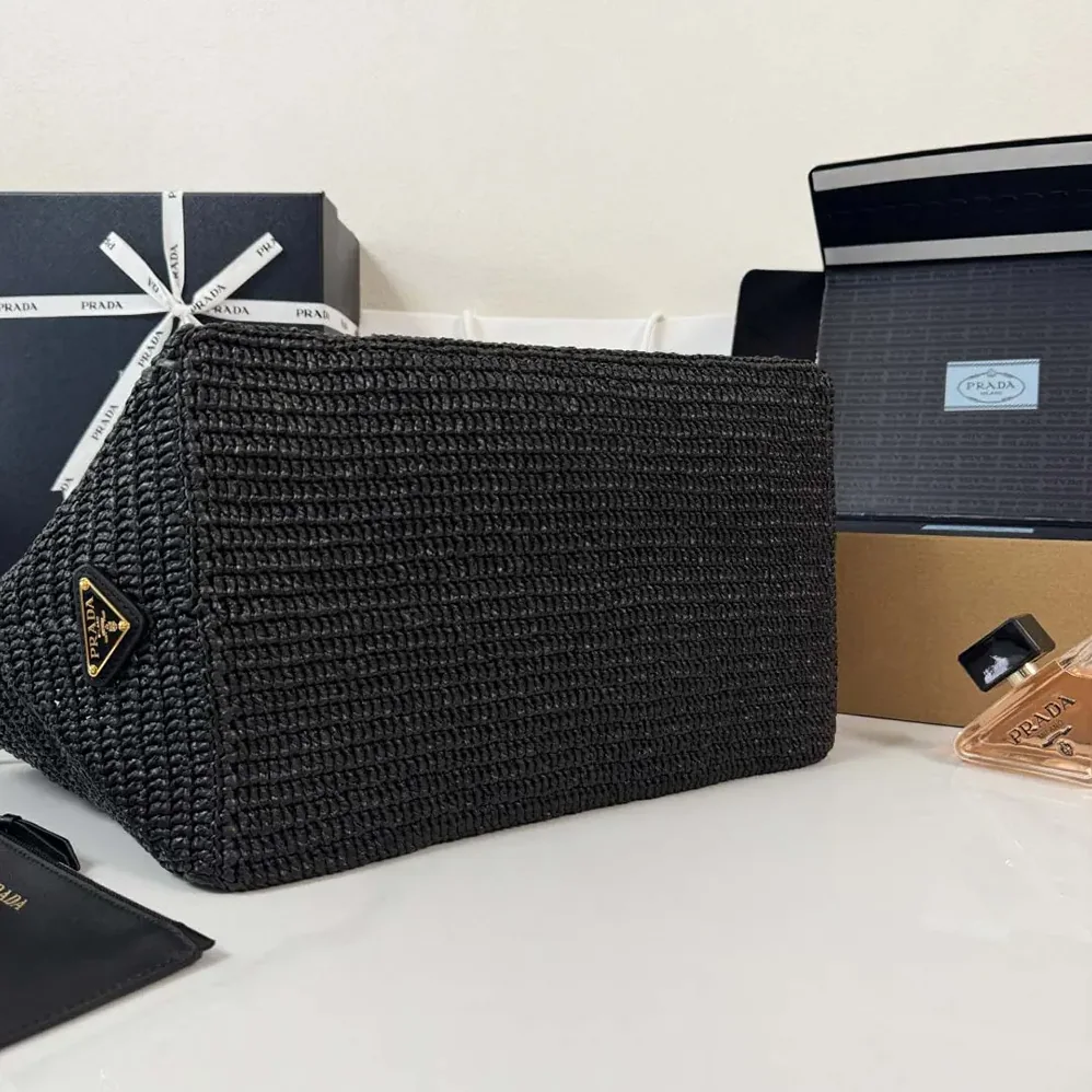 Prada Large Crochet Tote Bag with Leather Details for Women in Black