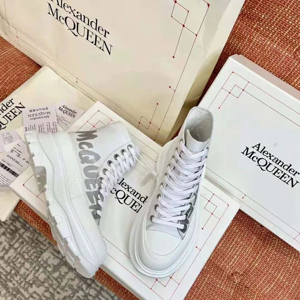 Alexander Mcqueen Tread Slick Boot White Polyfaille Lace for Women in up Boot