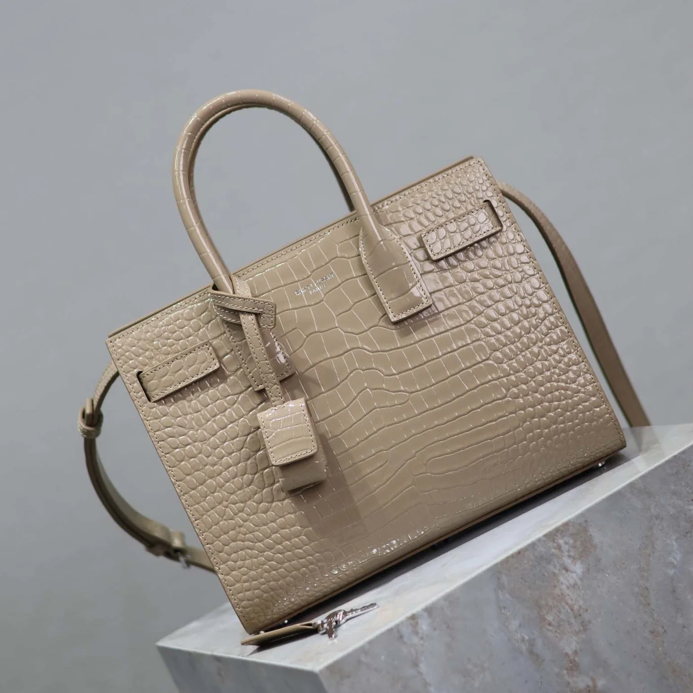 Saint Laurent YSL Sac De Jour in Embossed Crocodile Leather Baby for Women in Sandy Saint Laurent YSL Sac De Jour in Embossed Crocodile Leather Baby for Women in Sandy
