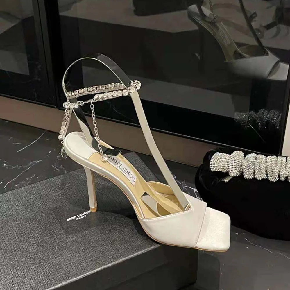 Jimmy Choo Saeda Sandal 100 Ivory Satin Sandals with Crystal Embellishment for Women Jimmy Choo Saeda Sandal 100 Ivory Satin Sandals with Crystal Embellishment for Women