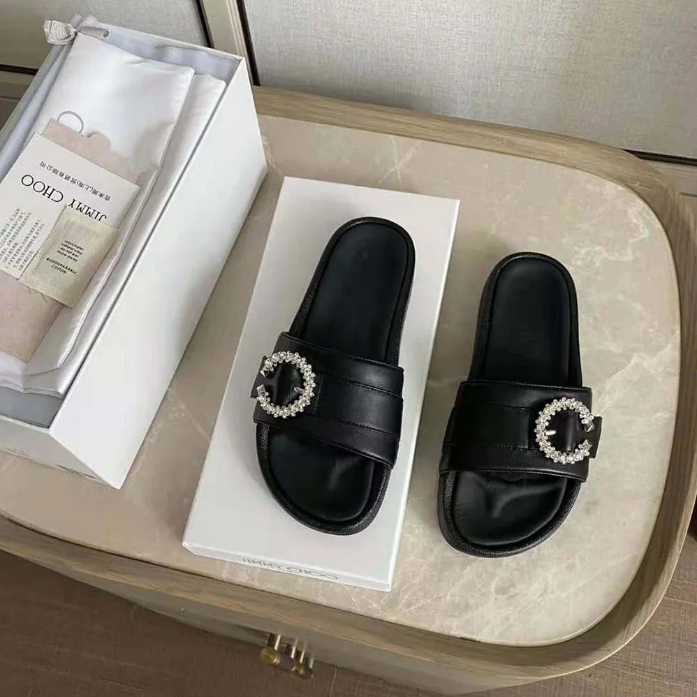Jimmy Choo Fallon Black Nappa Leather Slides with Crystal Buckle for Women