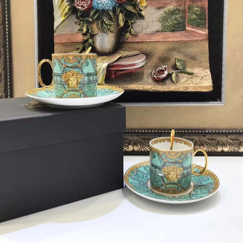 Versace Scala Del Palazzo Coffee Set Includes A Coffee Cup with Handle and A Matching Saucer for Unisex in Blue