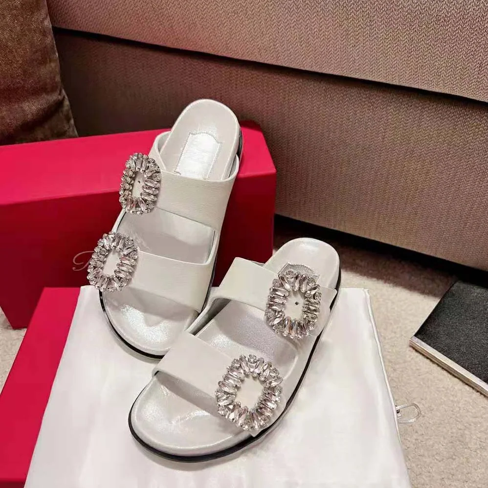 Roger Vivier Slidy Viv Strass Buckle Sandals in Fabric for Women in White