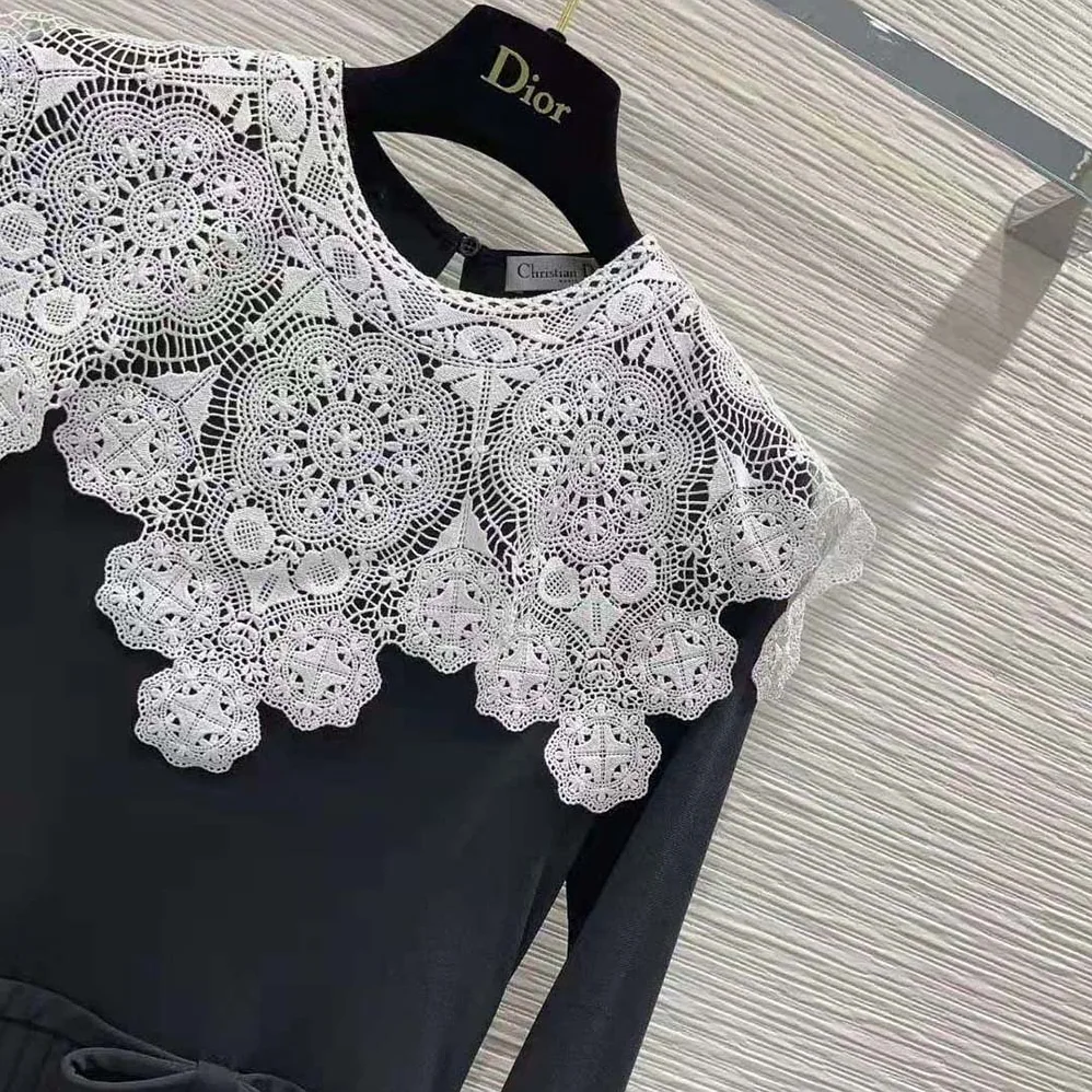 Dior Mid-Length Pleated Dress Black Technical Jersey and White Lace for Women Dior Mid-Length Pleated Dress Black Technical Jersey and White Lace for Women