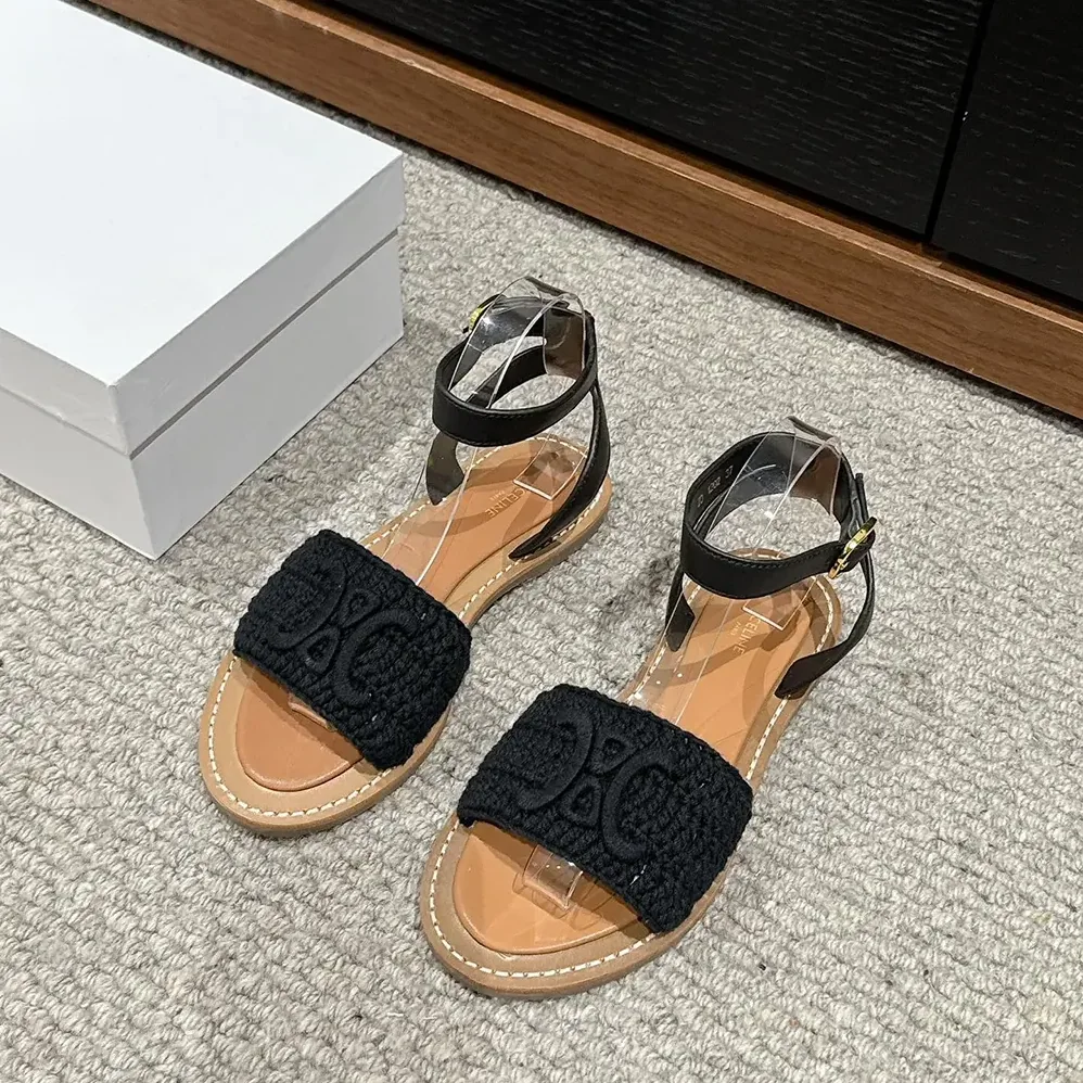 Celine Lympia Sandal in Triomphe Maccramé Cotton & Calfskin for Women in Black Celine Lympia Sandal in Triomphe Maccramé Cotton & Calfskin for Women in Black