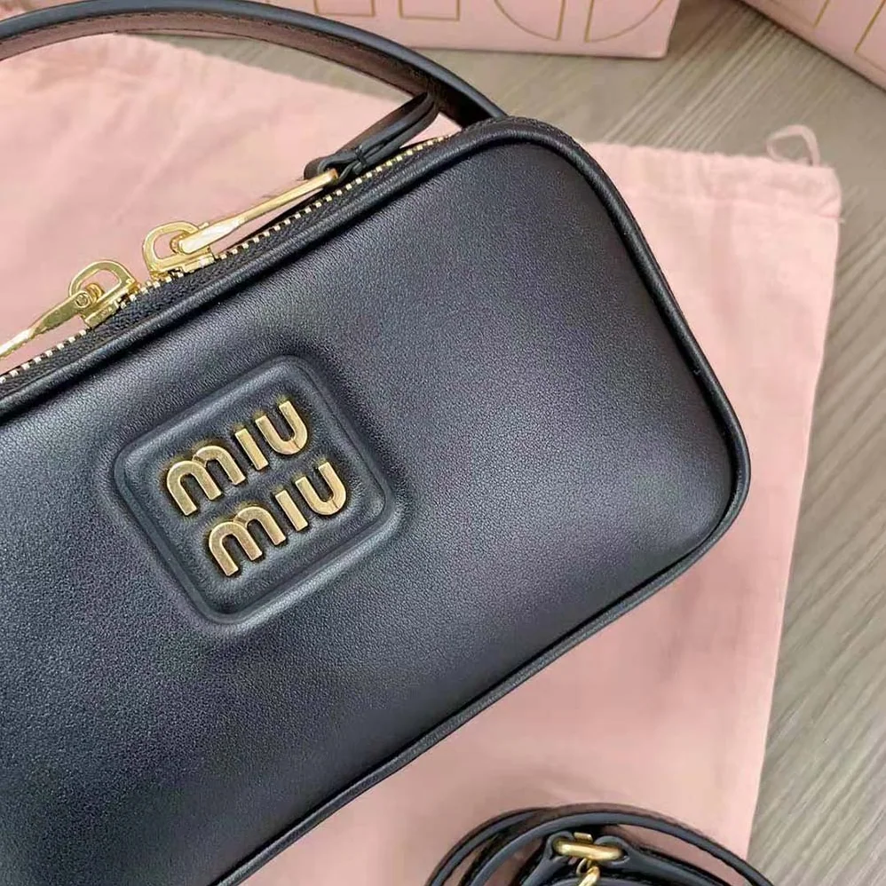 Miu Miu Arcadie Leather Bag with Metal Lettering Logo for Women in Black