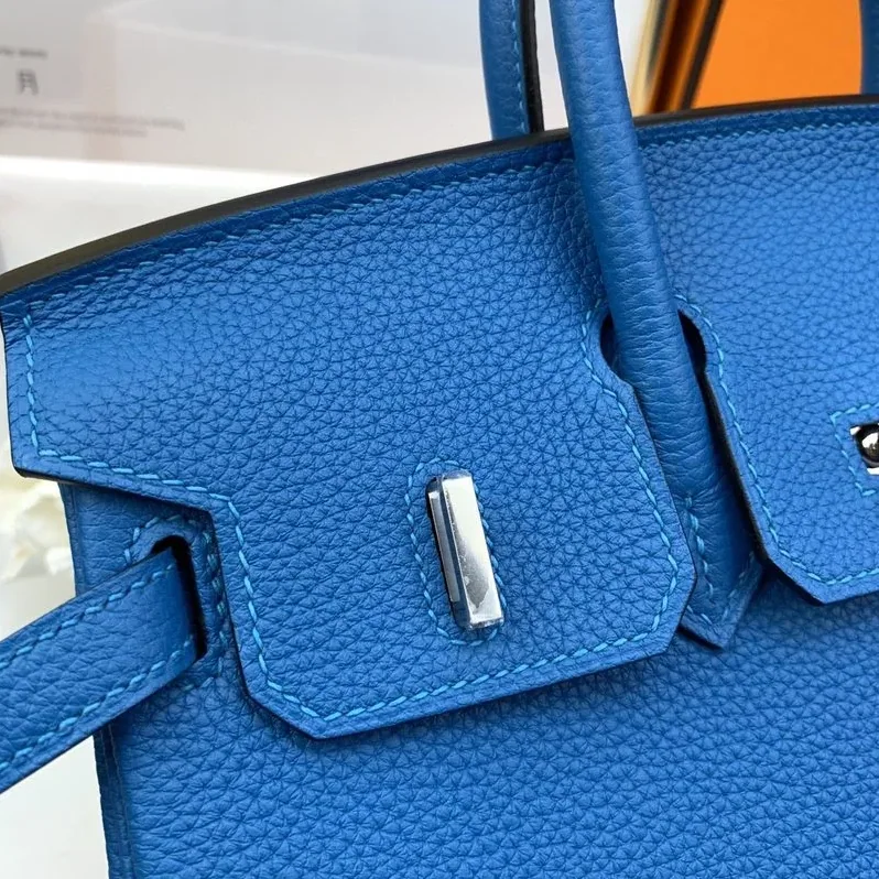 Hermes Birkin Top Handle Bag / Nata Togo Leather Blue Silver Hardware