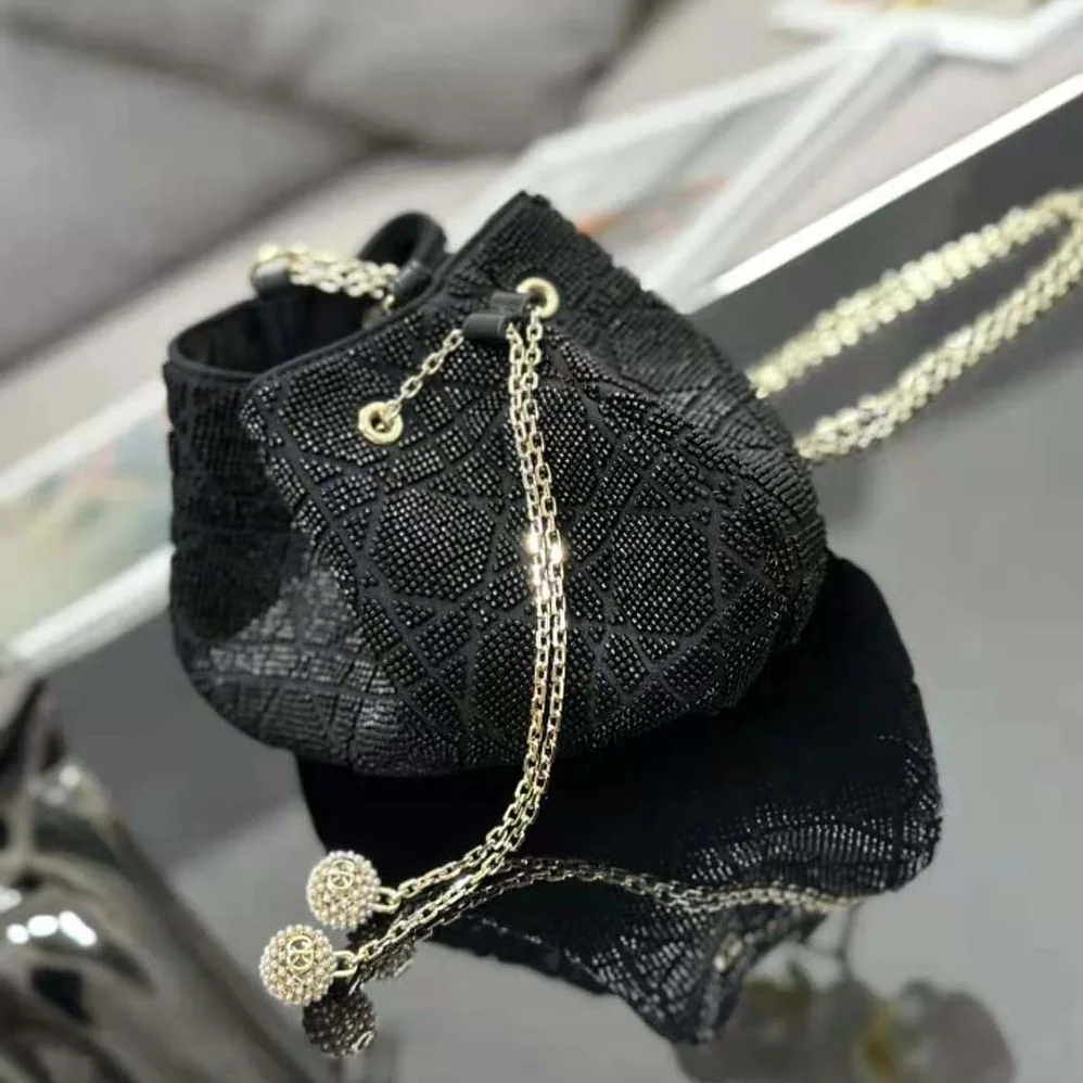 Dior Dior Dream Bucket Bag Black Cannage Cotton with Bead Embroidery for Women