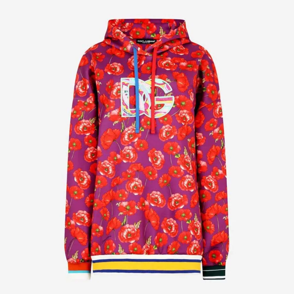 Dolce Gabbana D&G Garden-Print Jersey Hoodie for Women in Red Dolce Gabbana D&G Garden-Print Jersey Hoodie for Women in Red