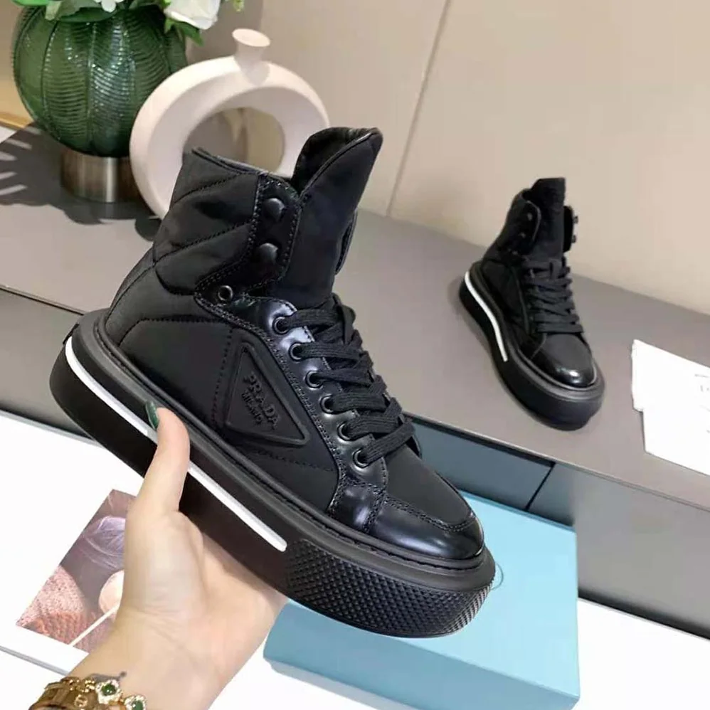 Prada Macro Re-Nylon and Brushed Leather High-top Sneakers for Women in Black