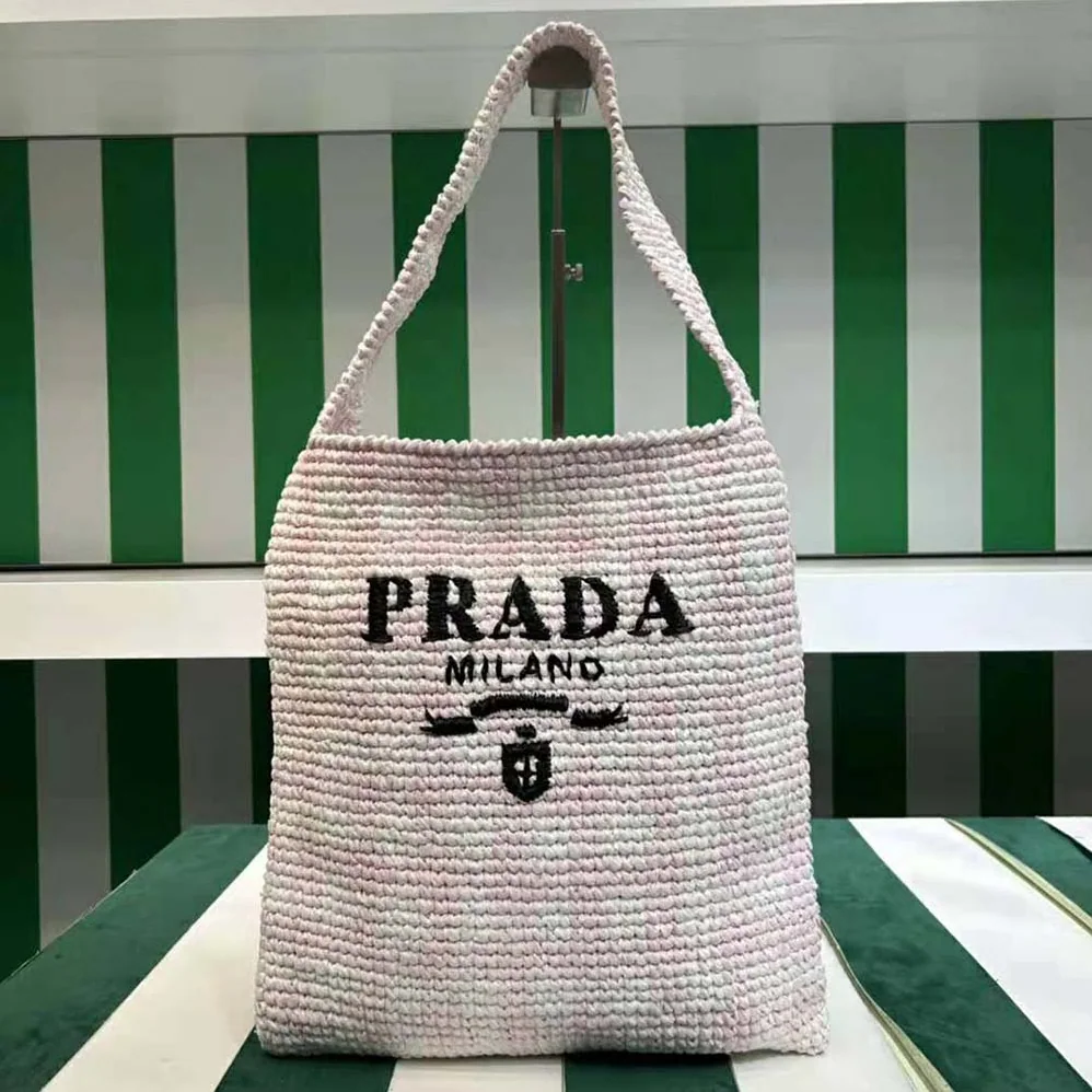 Prada Crochet Tote Bag with Embroidered Lettering Logo for Women in Pink