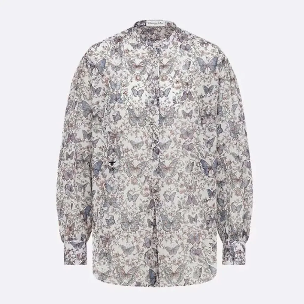 Dior Blouse White Cotton Muslin with Multicolor Toile de Jouy Papillon Motif for Women Dior Blouse White Cotton Muslin with Multicolor Toile de Jouy Papillon Motif for Women