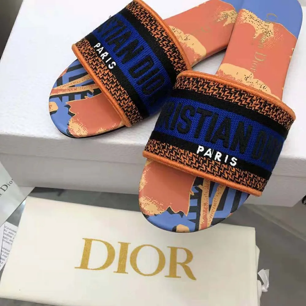 Dior Dway Slide Blue Multicolor D for Women in Flower Pop Cotton Embroidery