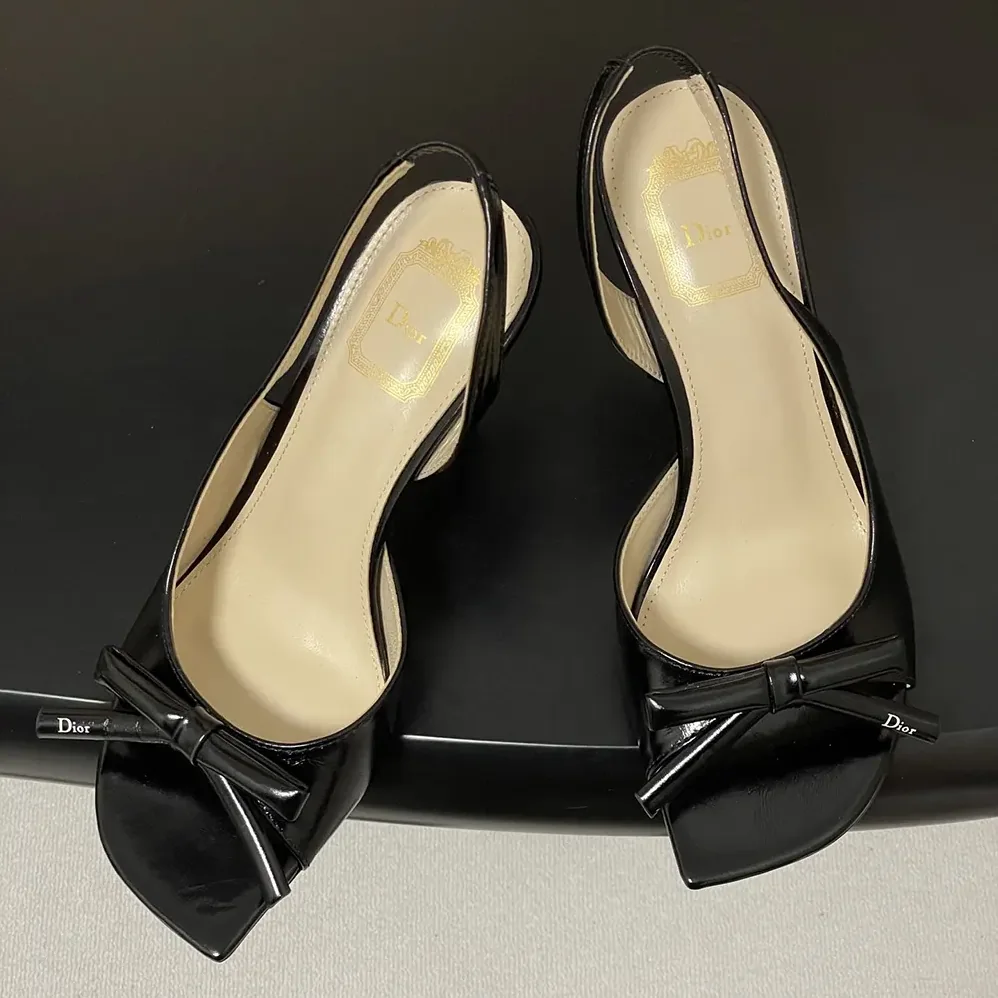 Dior Bow Heeled Slingback Sandal Black Lambskin for Women