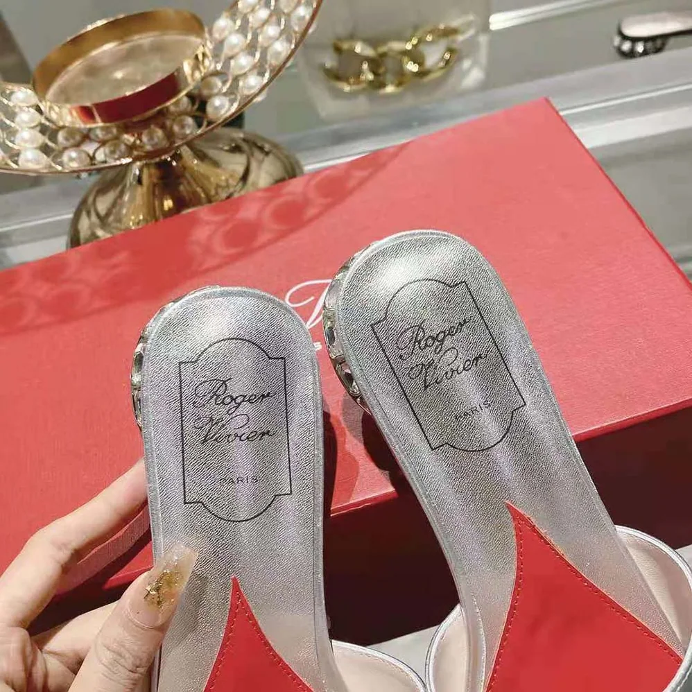 Roger Vivier Strass Heel Covered Buckle Mules in Satin for Women in Silver