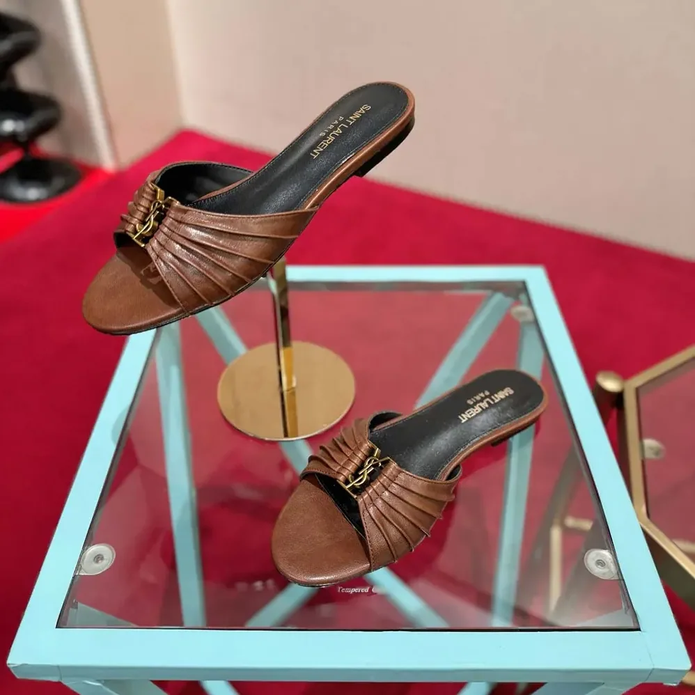 Saint Laurent YSL Babylone Slides In Smooth Leather Brown for Women Saint Laurent YSL Babylone Slides In Smooth Leather Brown for Women