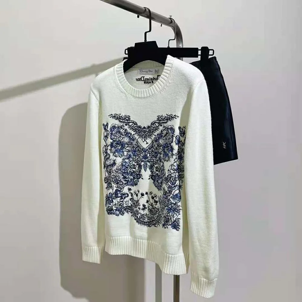Dior Embroidered Sweater Ecru Cashmere Knit with Pastel Midnight Blue Butterfly Around The World Motif for Women