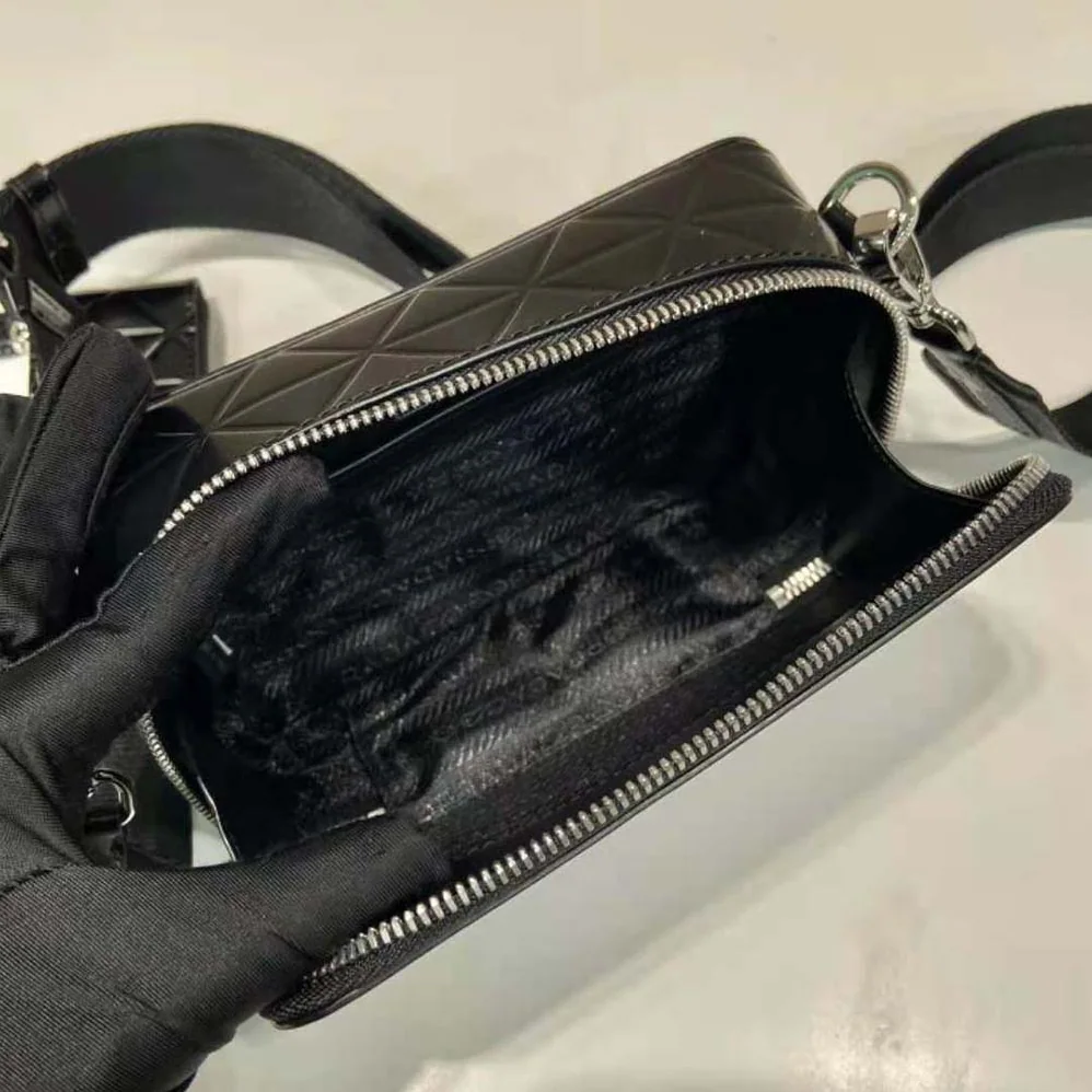 Prada Brique Brushed Leather Bag with Triangle Motif for Men in Black