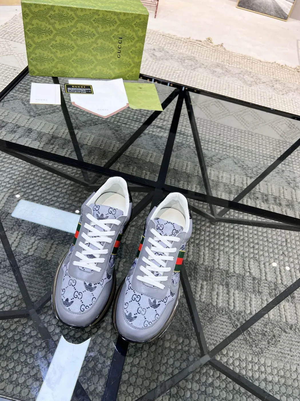 Gucci x Adidas GG Sneakers With Web Gray for Men Gucci x Adidas GG Sneakers With Web Gray for Men