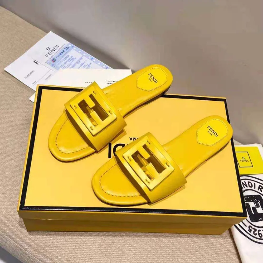 Fendi Signature Yellow Leather Slides in 0.4 inches Heel Height for Women