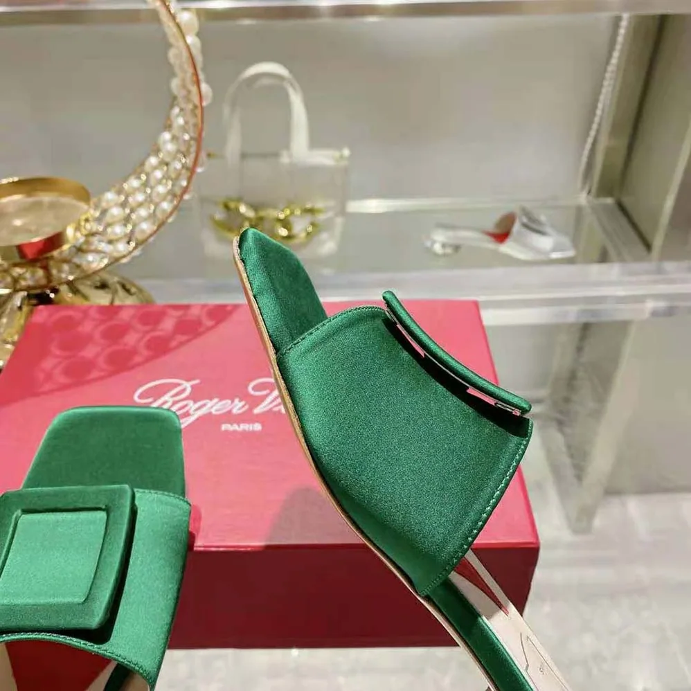 Roger Vivier Strass Heel Covered Buckle Mules in Satin for Women in Green Roger Vivier Strass Heel Covered Buckle Mules in Satin for Women in Green