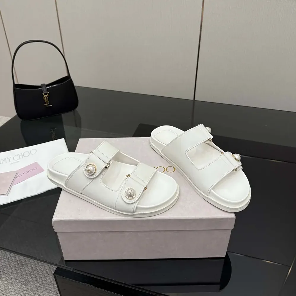Jimmy Choo Fayence Sandal Latte Leather Flat Sandals with Pearl Embellishment for Women