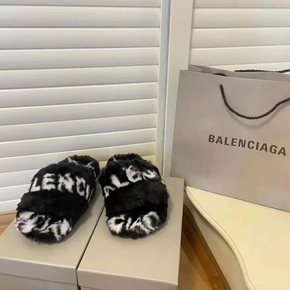 Balenciaga Furry Slide Sandal Allover Logo in Black and White Fake Fur for Women Balenciaga Furry Slide Sandal Allover Logo in Black and White Fake Fur for Women