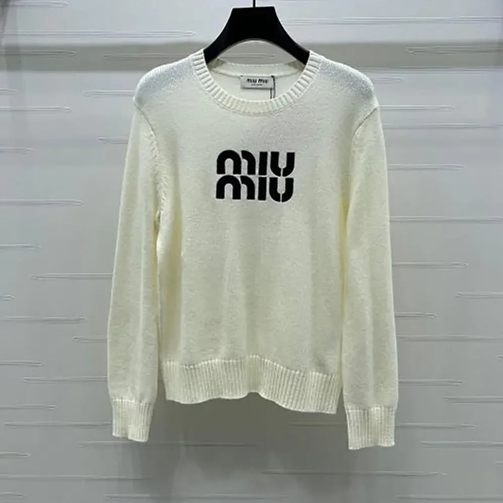 Miu Miu Double Cashmere Sweater with Logo for Women in White