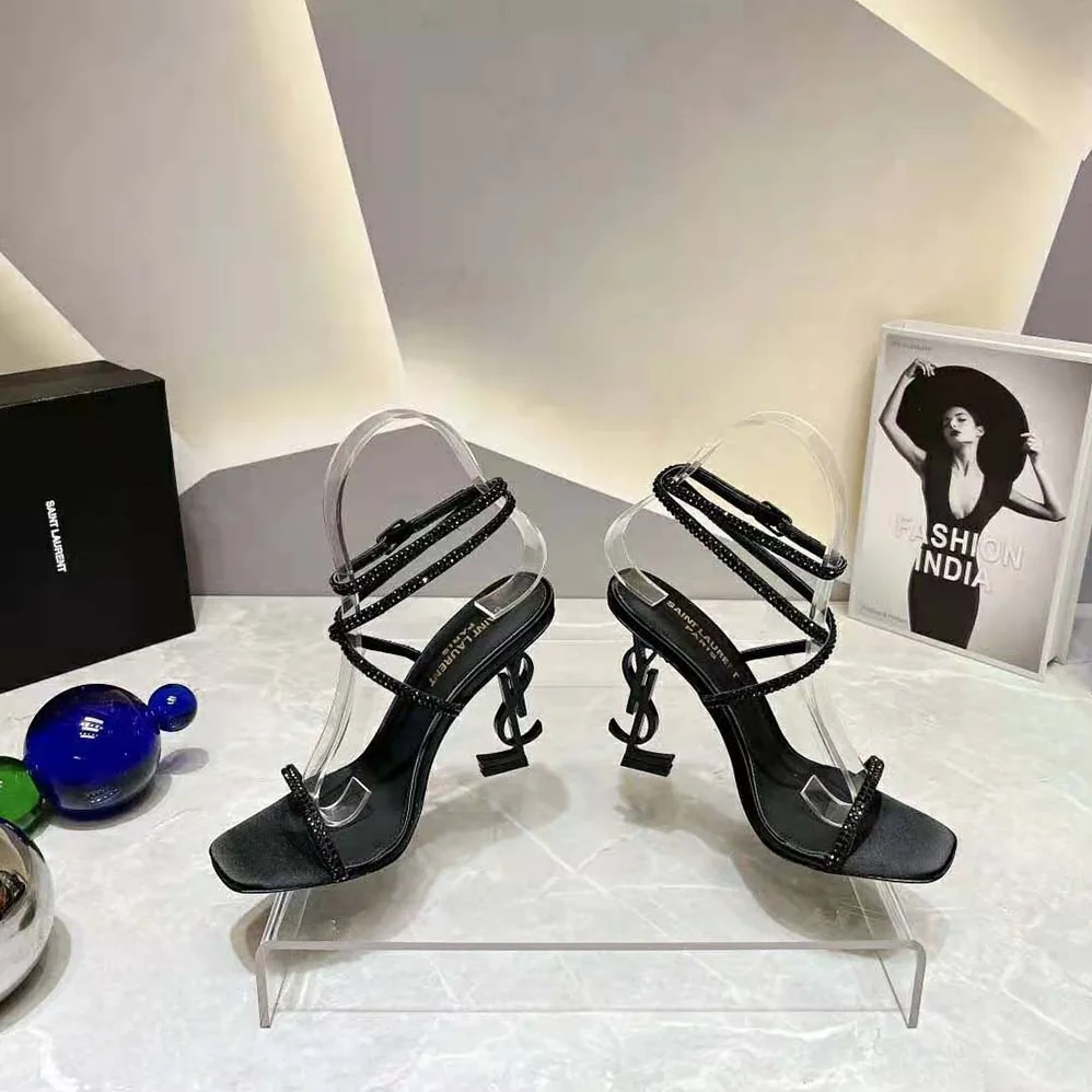 Saint Laurent YSL Opyum Sandals in Crepe Satin and Rhinestones for Women