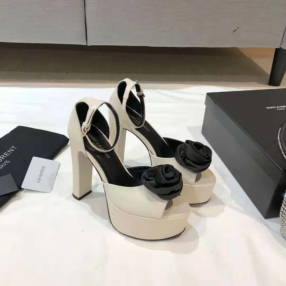 Saint Laurent YSL Jodie Platform Sandals in Smooth Leather with Silk Satin Flower for Women in White