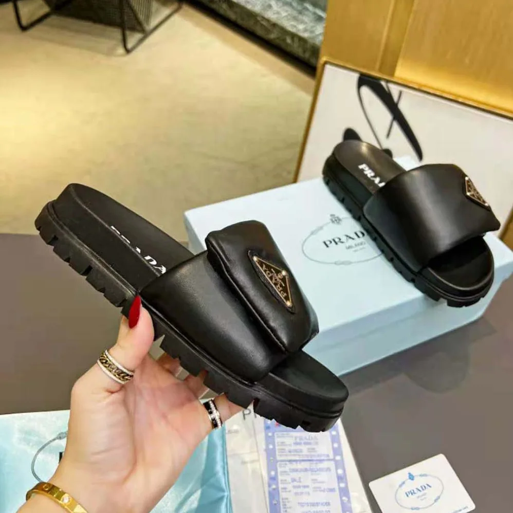 Prada Soft Padded Nappa Leather Slides for Women in Black