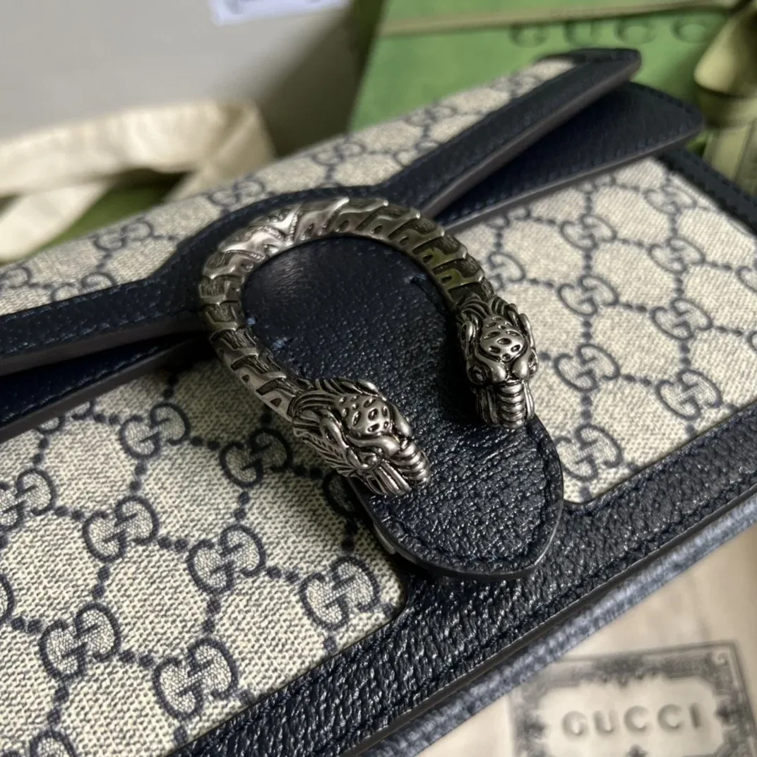 Gucci Dionysus Small Shoulder Bag / Beige/ Blue GG Supreme Canvas Antique Silver Hardware