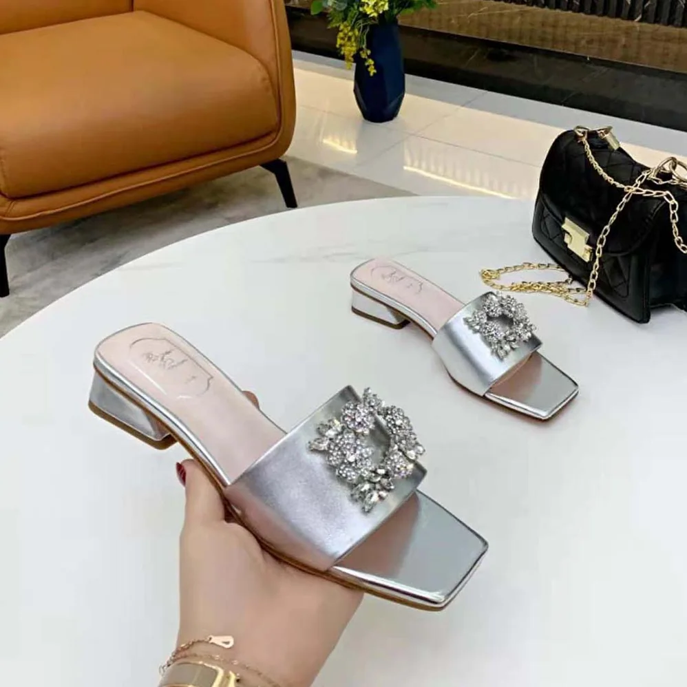 Roger Vivier RV Bouquet Strass Buckle Mules in Soft Leather for Women Roger Vivier RV Bouquet Strass Buckle Mules in Soft Leather for Women