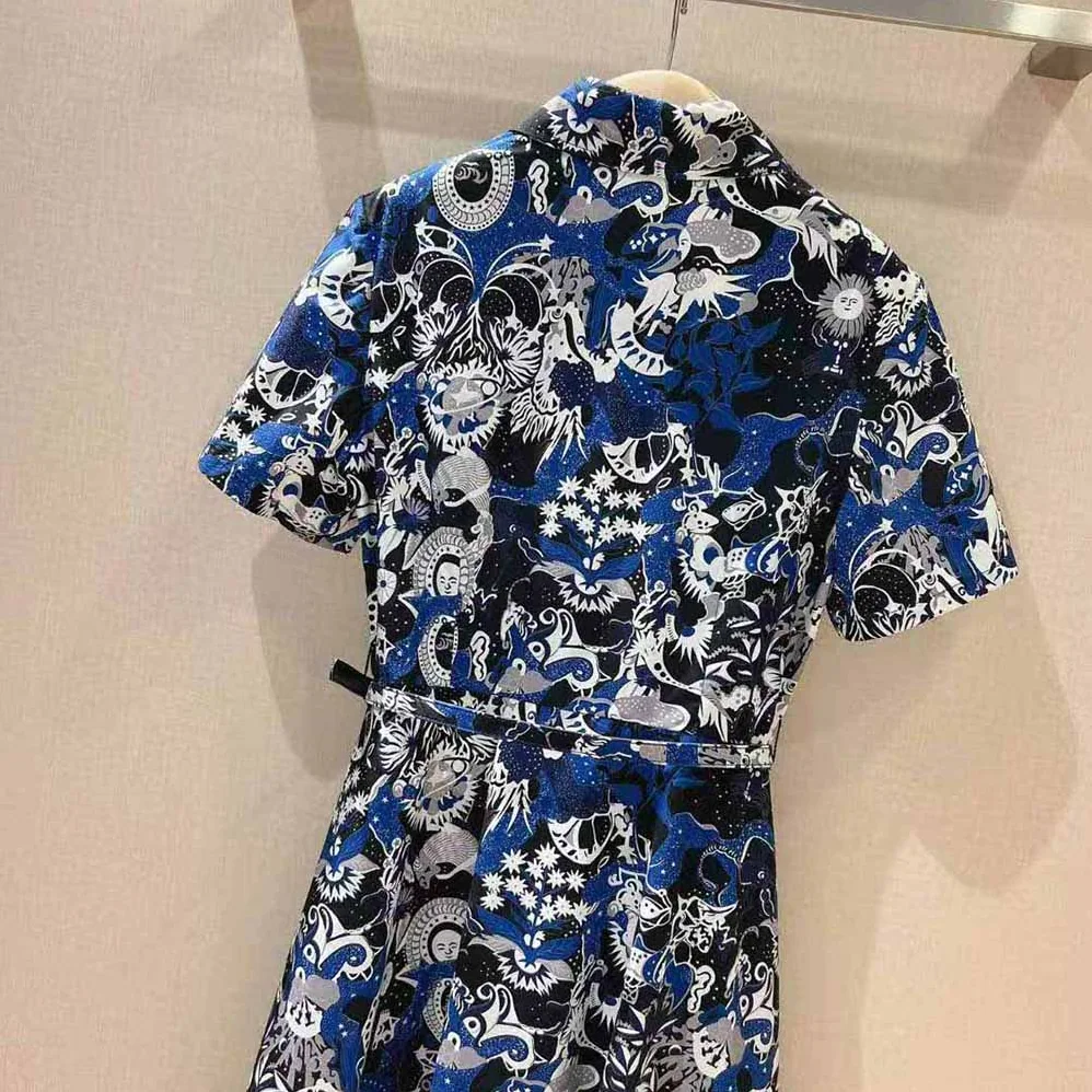 Dior Mid-Length Belted Dress Blue Dior Zodiac Fantastico Cotton Poplin for Women