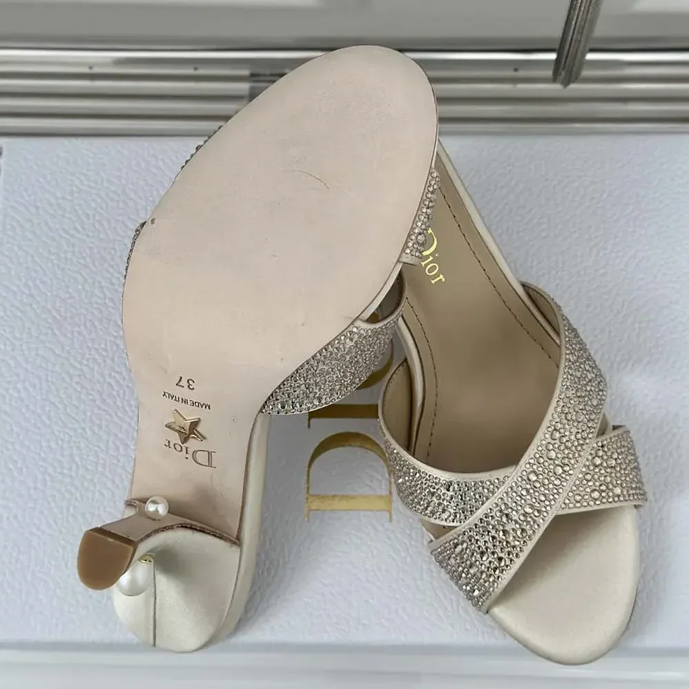 Dior Dior Tribales Heeled Slide Beige Suede Calfskin and Gold for Women in Tone Strass Dior Dior Tribales Heeled Slide Beige Suede Calfskin and Gold for Women in Tone Strass