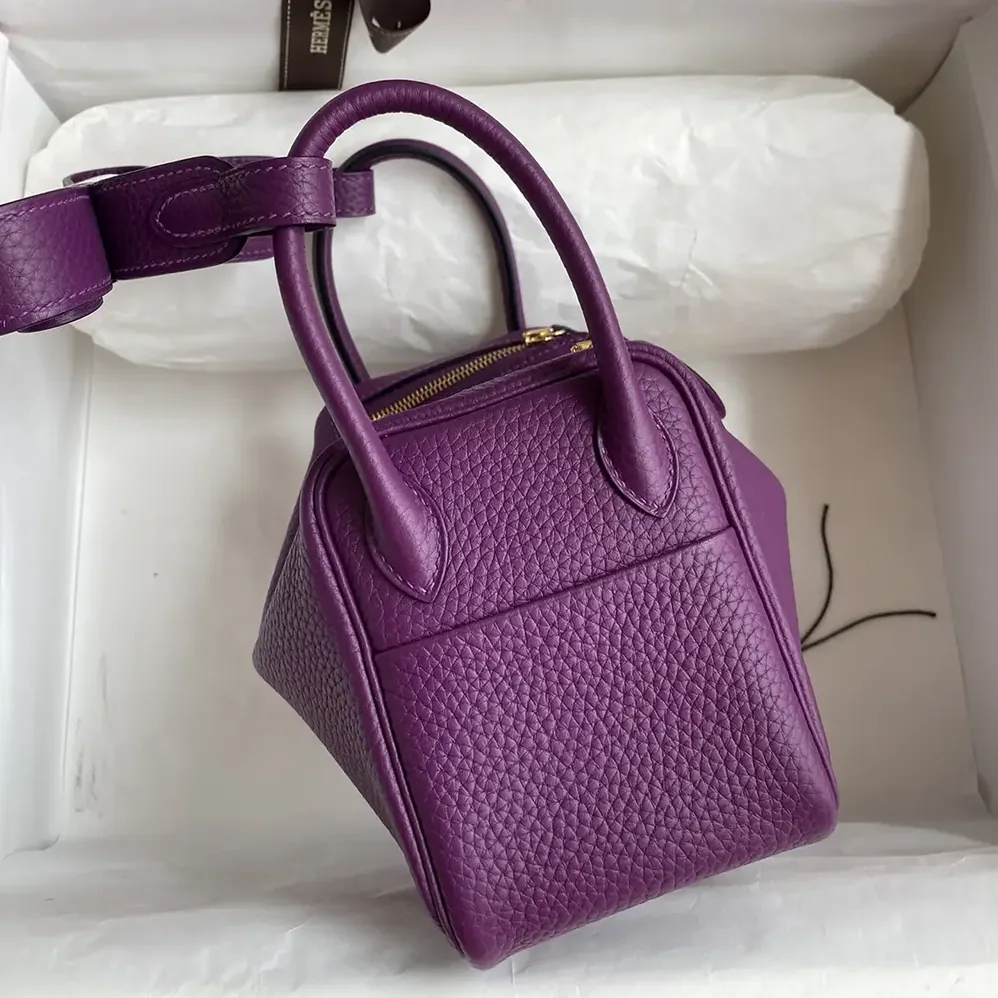 Hermes Lindy Mini 19 in Clemence Leather for Women in Purple/Gold Hermes Lindy Mini 19 in Clemence Leather for Women in Purple/Gold