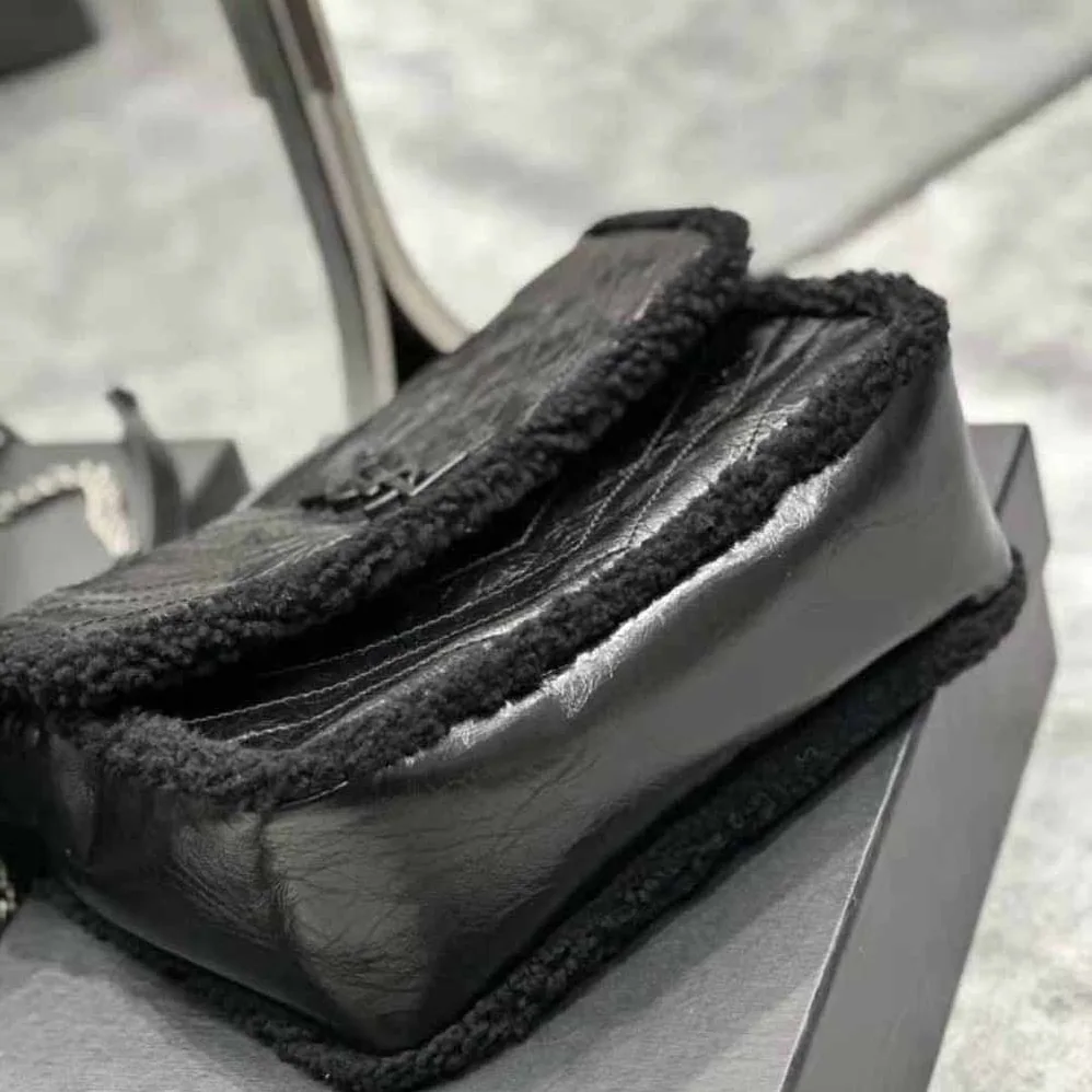 Saint Laurent YSL Niki Medium Chain Bag in Crinkled Leather and Shearling for Women Saint Laurent YSL Niki Medium Chain Bag in Crinkled Leather and Shearling for Women
