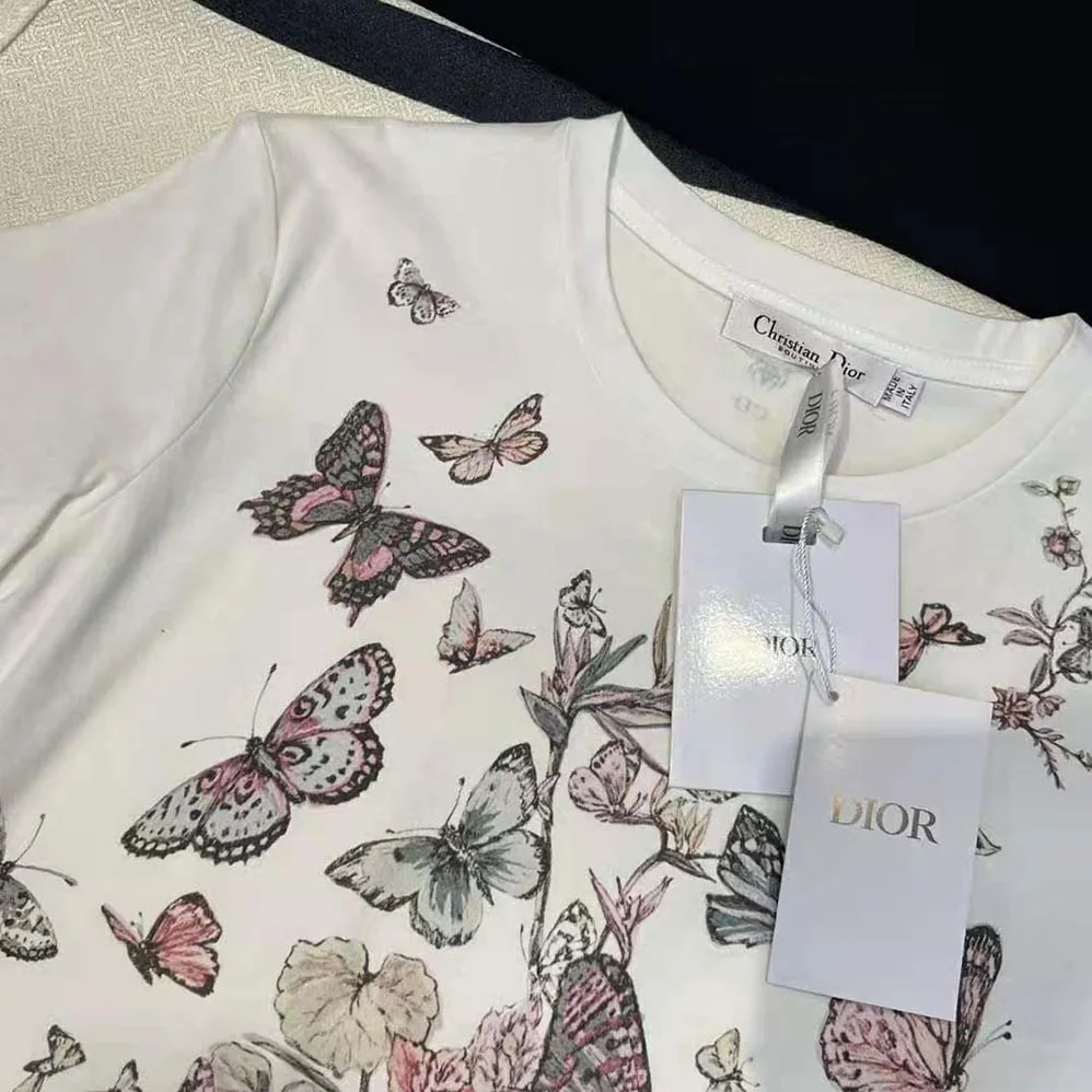 Dior T-Shirt White Cotton Jersey with Pastel Pink Toile de Jouy Mexico Motif for Women Dior T-Shirt White Cotton Jersey with Pastel Pink Toile de Jouy Mexico Motif for Women