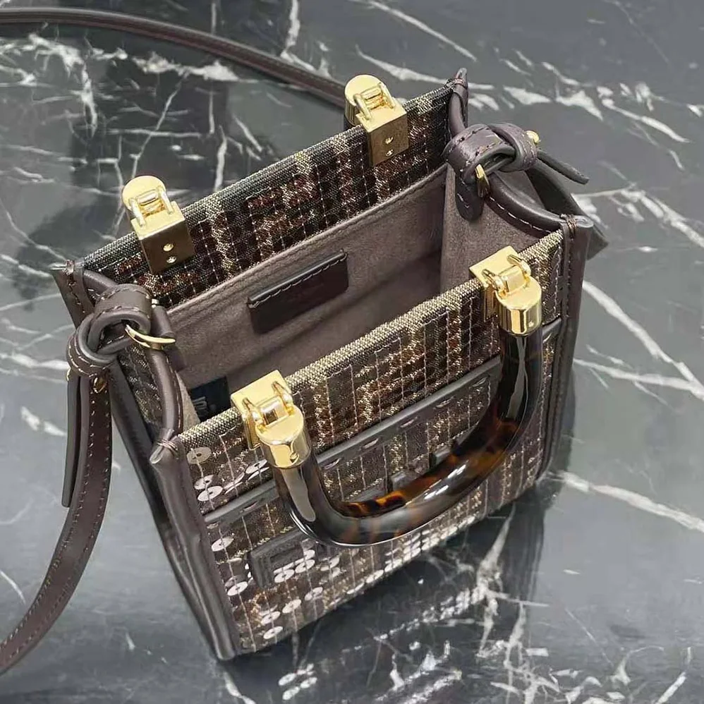 Fendi Mini Sunshine Shopper Brown FF Jacquard Fabric Mini Bag with Sequins for Women
