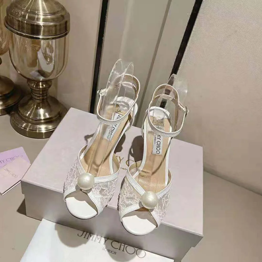 Jimmy Choo Sacora 85 Ivory Floral Lace Sandals with Pearl Detail for Women