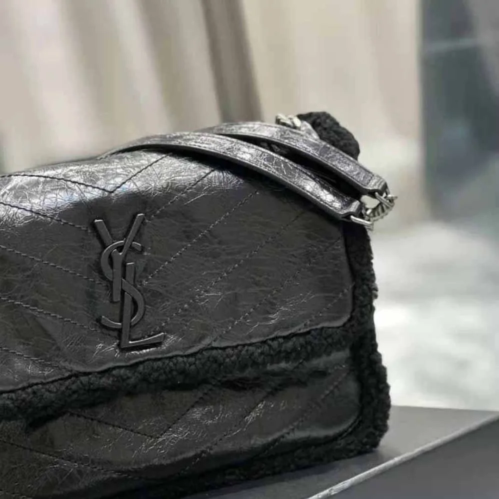 Saint Laurent YSL Niki Medium Chain Bag in Crinkled Leather and Shearling for Women Saint Laurent YSL Niki Medium Chain Bag in Crinkled Leather and Shearling for Women