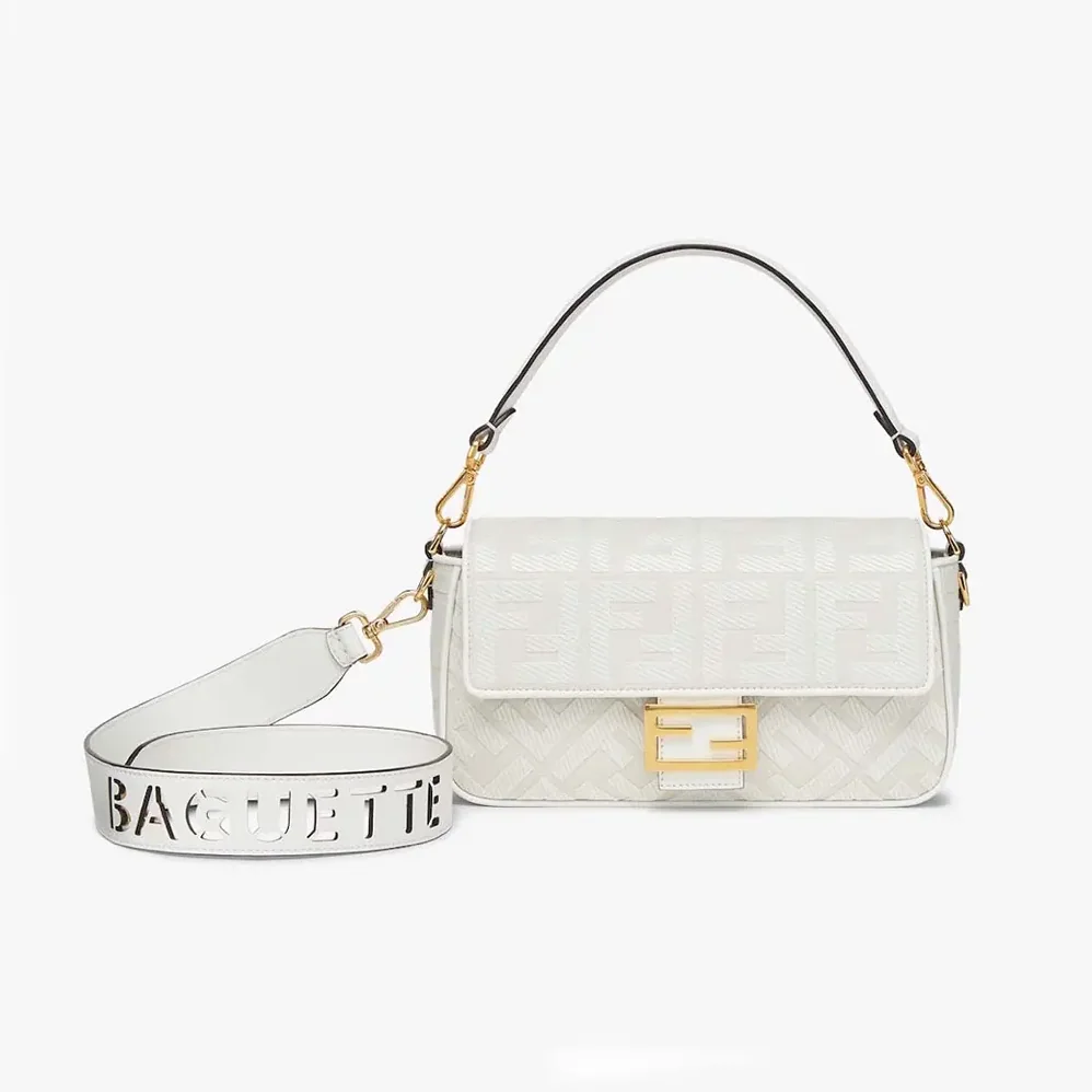 Fendi Baguette White Denim Bag with FF Embroidery for Women
